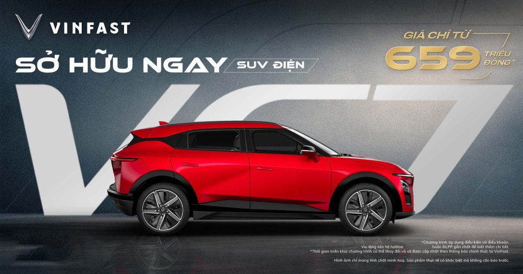 VF 7 - mẫu SUV điện hạng C của VinFast nay có giá sở hữu chỉ từ 659 triệu đồng (*), dễ dàng chuyển đổi xanh với xe điện hiện đại với thiết kế cá tính, khả năng vận hành mạnh mẽ cùng nhiều công nghệ hỗ trợ lái tiên tiến.